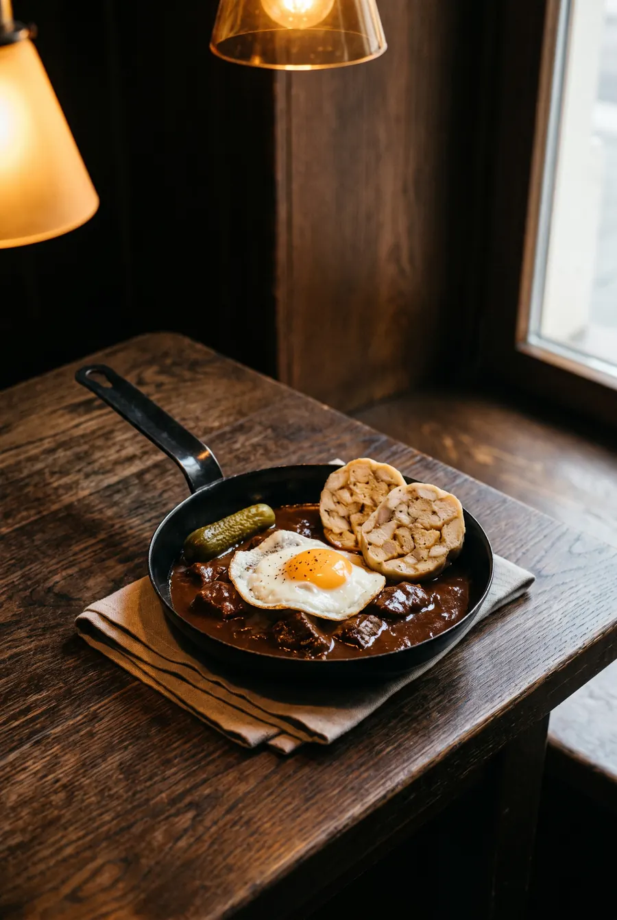 Fiakergulasch mit Semmelknödel und Spiegelei in der Pfanne