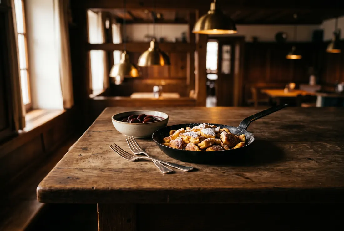 Flaumiger Kaiserschmarrn mit Zwetschkenröster in der Eisenpfanne