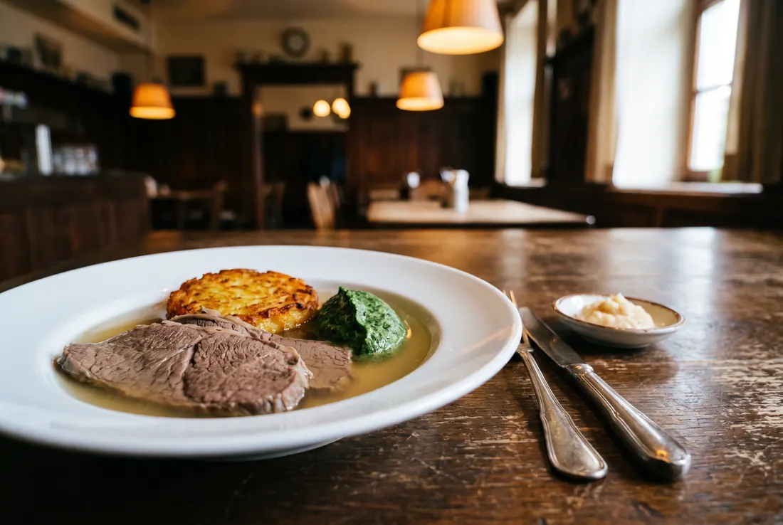 Tafelspitz mit Rösti und Cremespinat auf einem Holztisch