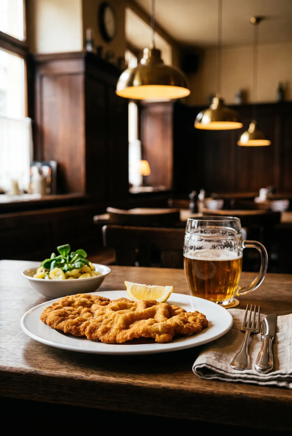 Goldgelb gebackenes Wiener Schnitzel mit Beilagensalat und einem Glas Bier